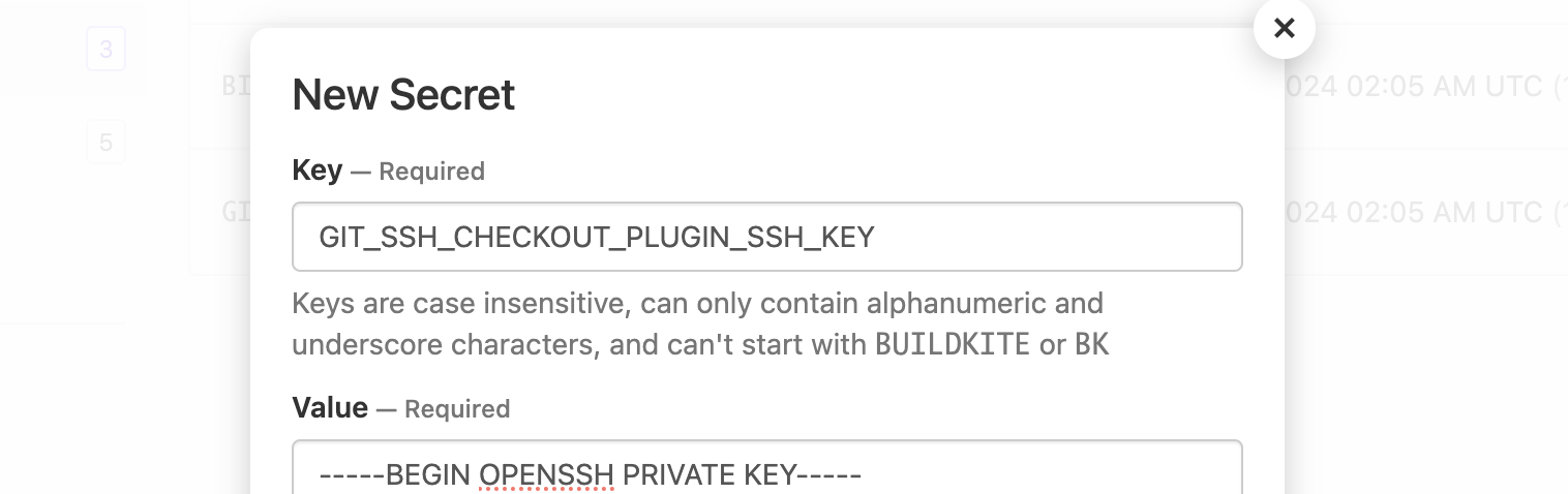 Creating a secret called GIT_SSH_CHECKOUT_PLUGIN_SSH_KEY