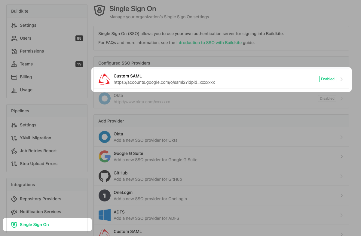 Screenshot of the Buildkite SSO Settings Page