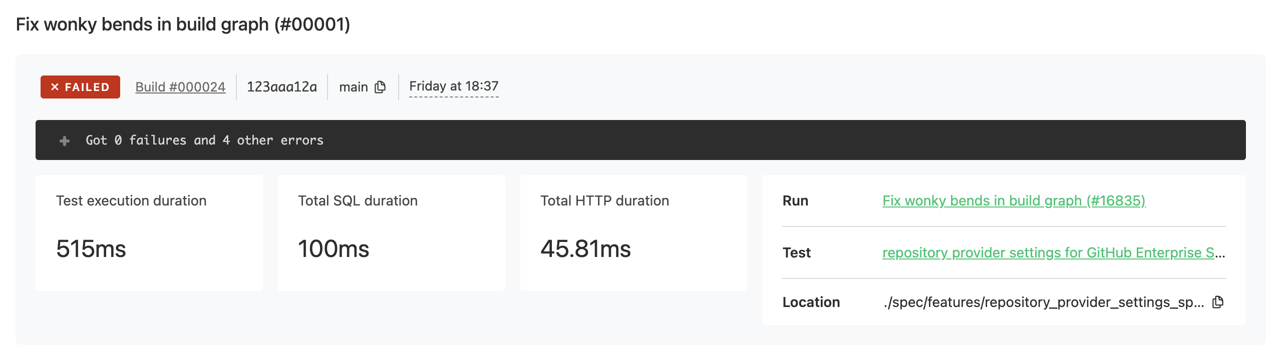 Screenshot of individual test execution page showing test information related to that individual execution of the test